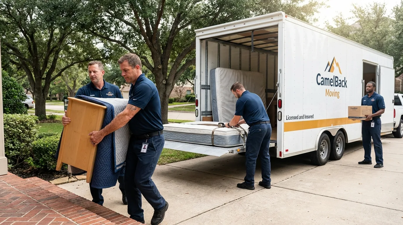 Crew loading residential truck for cross-state move from Adel, IA