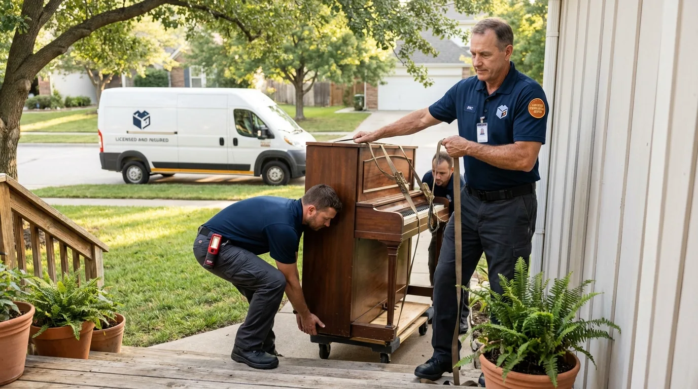Licensed piano movers securing grand piano in Adel, IA