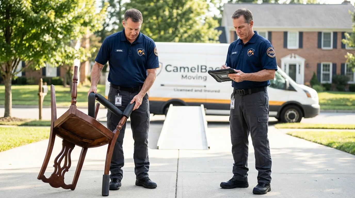 Movers inspecting furniture for damage prevention before loading in Adel, IA